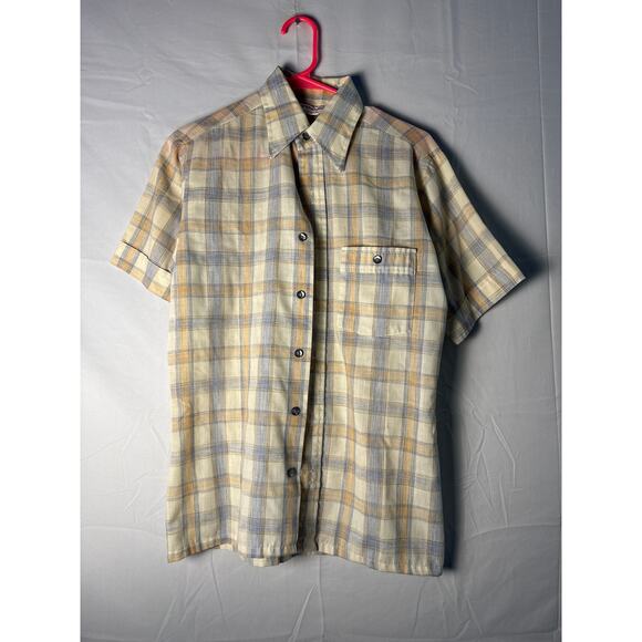 Vintage 70s-80s Wrangler Cream Blue Plaid Button Up Short Sleeve Shirt Men Small - Picture 1 of 4